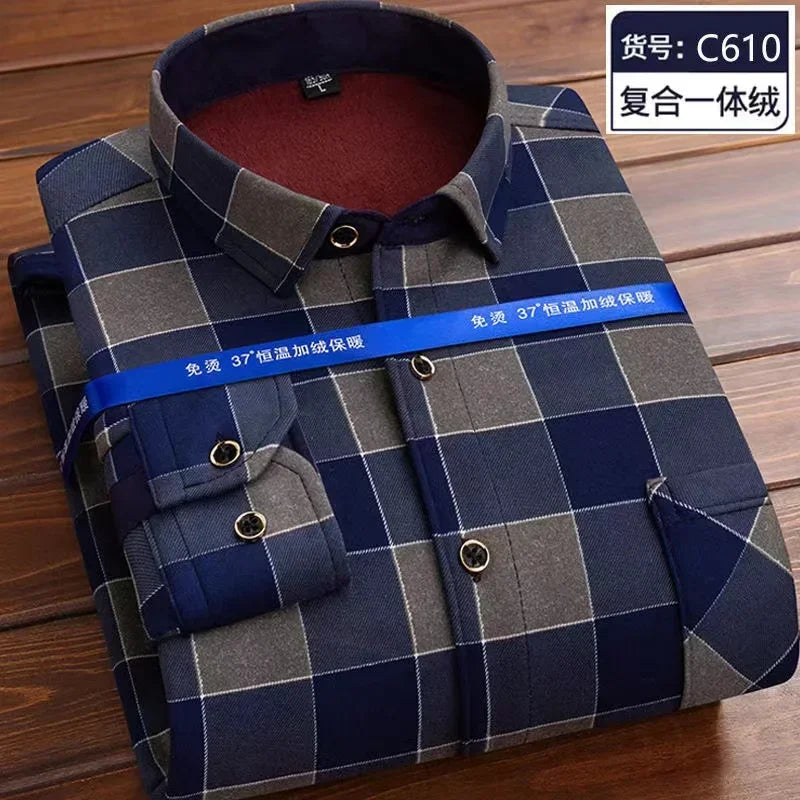 Autumn Winter Thicken Fleece Shirt Men Business Plaid Shirt Long Sleeve Warm Clothes Turn Down Collar Button Up Warm Shirts Male