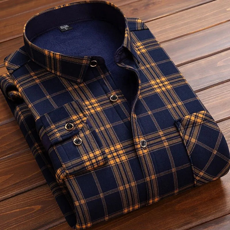 Autumn Winter Thicken Fleece Shirt Men Business Plaid Shirt Long Sleeve Warm Clothes Turn Down Collar Button Up Warm Shirts Male