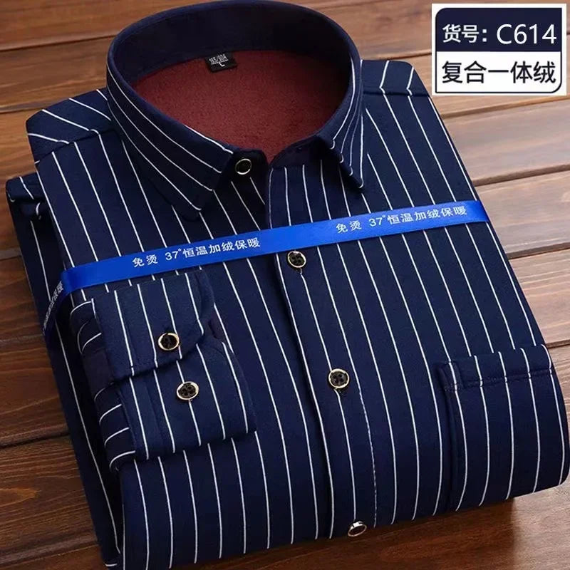 Autumn Winter Thicken Fleece Shirt Men Business Plaid Shirt Long Sleeve Warm Clothes Turn Down Collar Button Up Warm Shirts Male