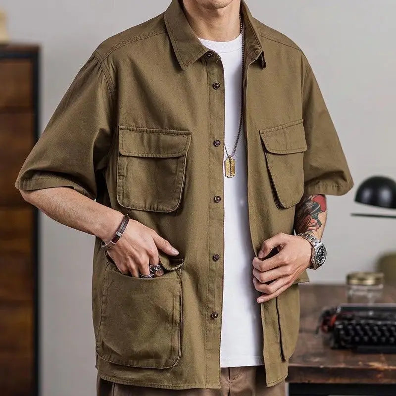 American Retro Workwear Shirt Khaki Short Sleeve Multi Pocket Summer Trendy Brand Men's Fashion Casual Shirt Youth Style