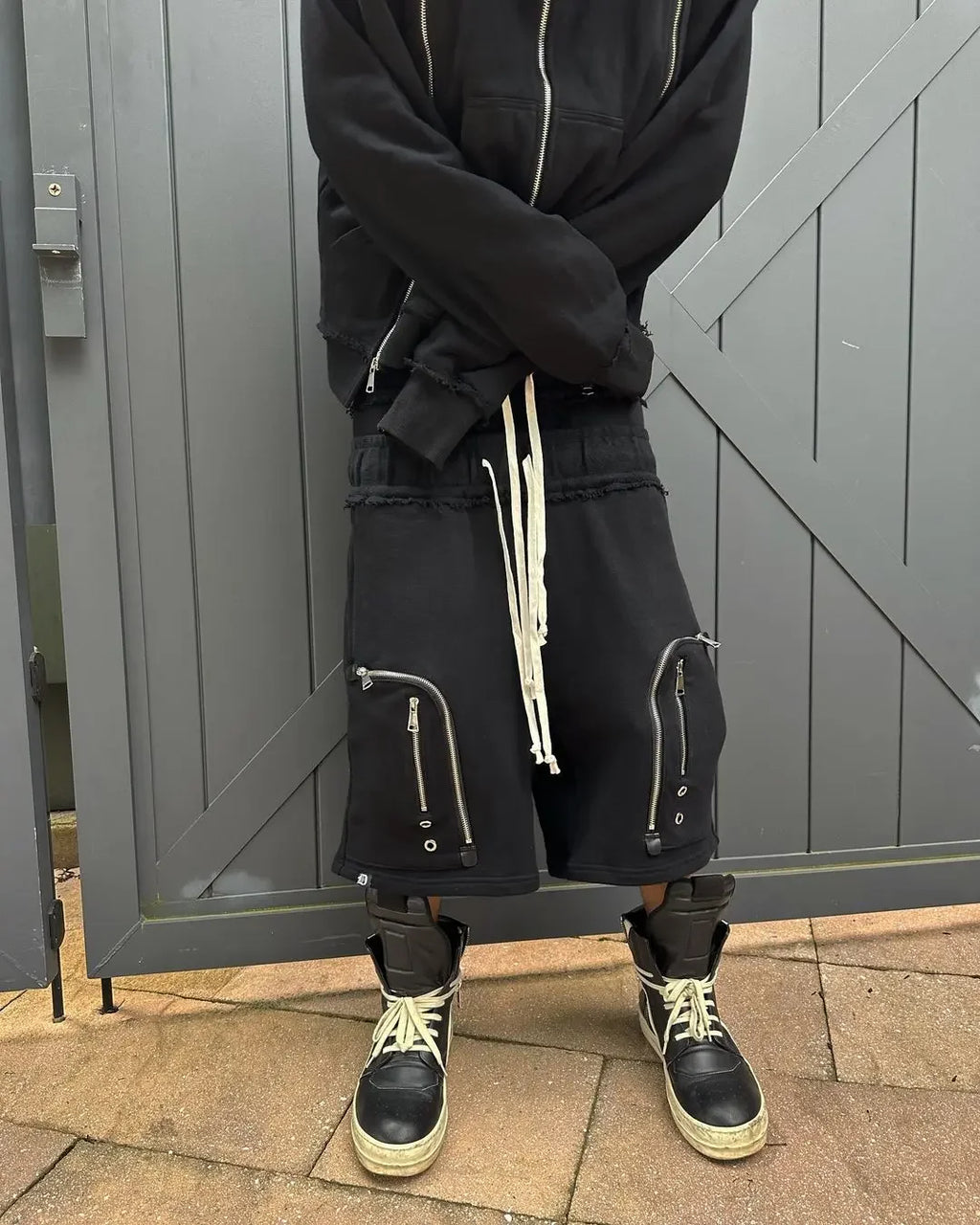 Black zippered double-sleeved shorts suit hooded sweatshirt sports suit American high street casual patchwork jacket hot sale