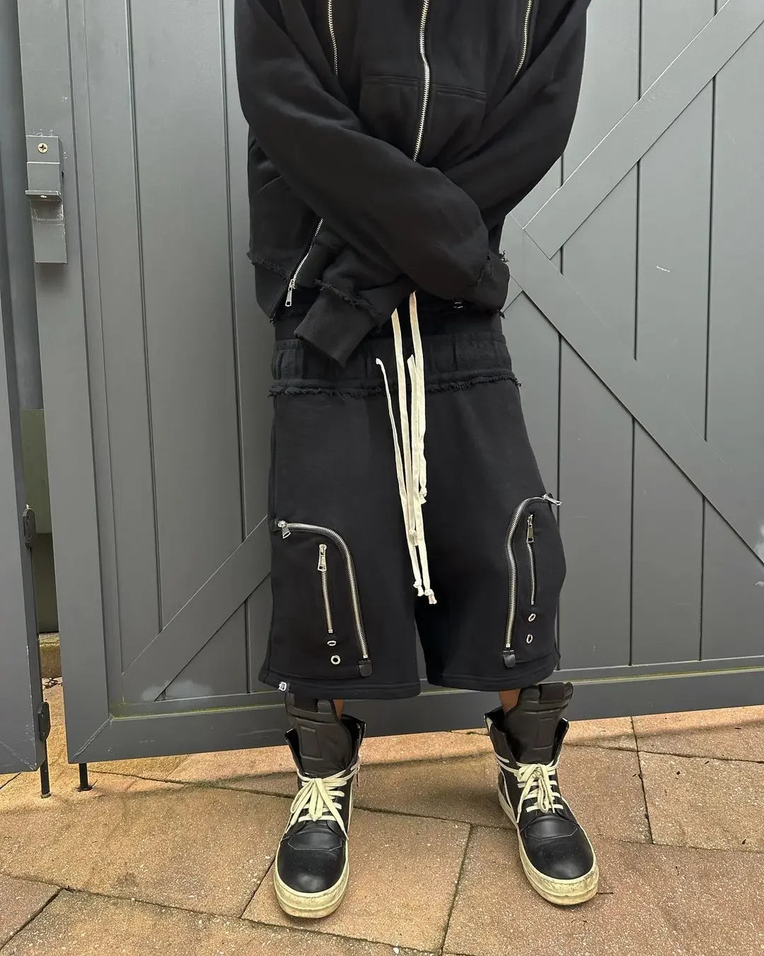 Black zippered double-sleeved shorts suit hooded sweatshirt sports suit American high street casual patchwork jacket hot sale