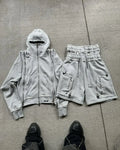 Black zippered double-sleeved shorts suit hooded sweatshirt sports suit American high street casual patchwork jacket hot sale
