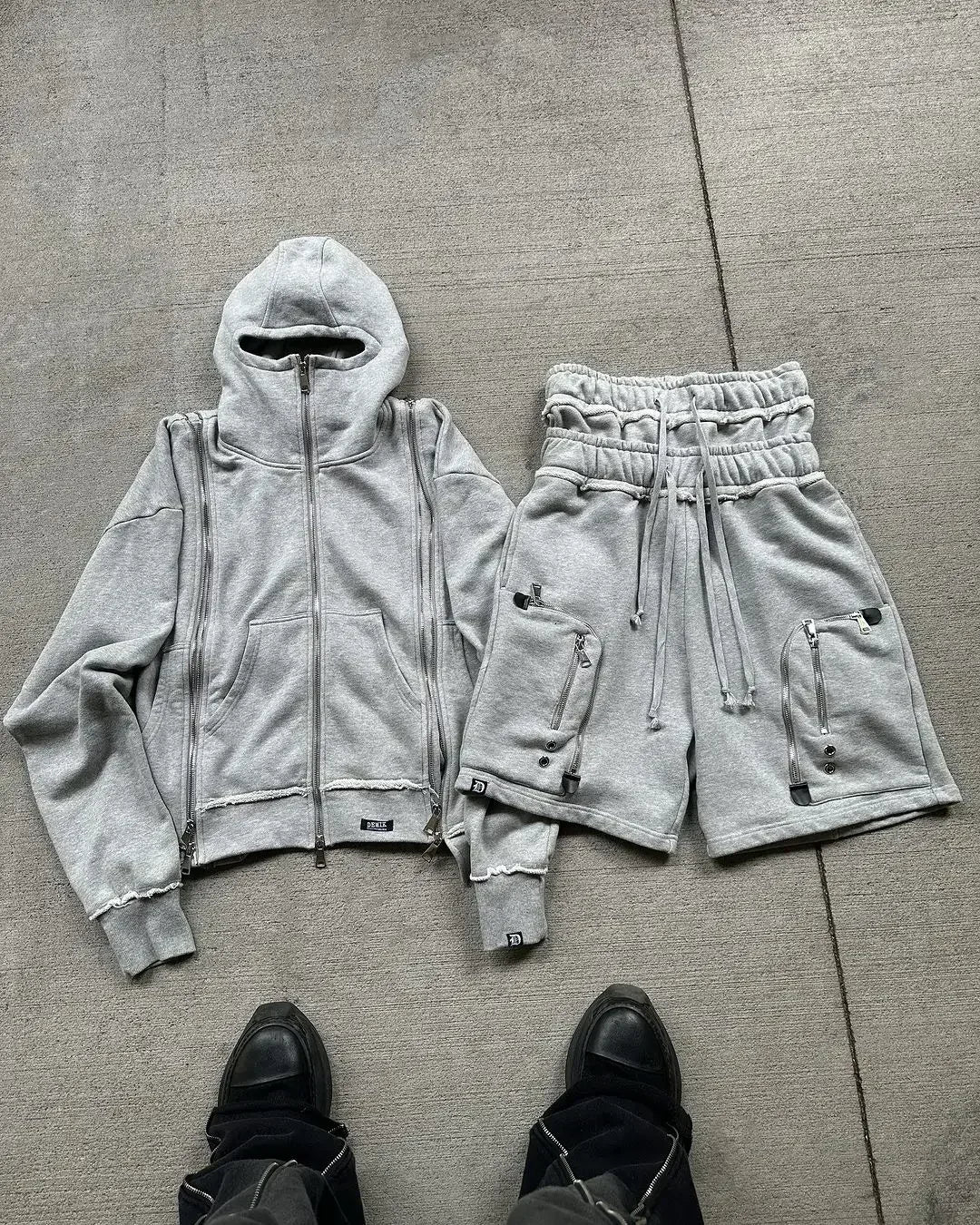 Black zippered double-sleeved shorts suit hooded sweatshirt sports suit American high street casual patchwork jacket hot sale