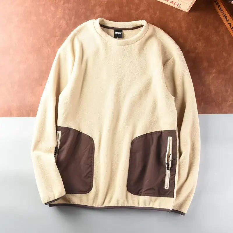 Autumn Winter Men's Polar Fleece Outdoor Warm Breathable Tactical Zipper Round Neck Long Sleeve Casual Splicing Color Sweatshirt