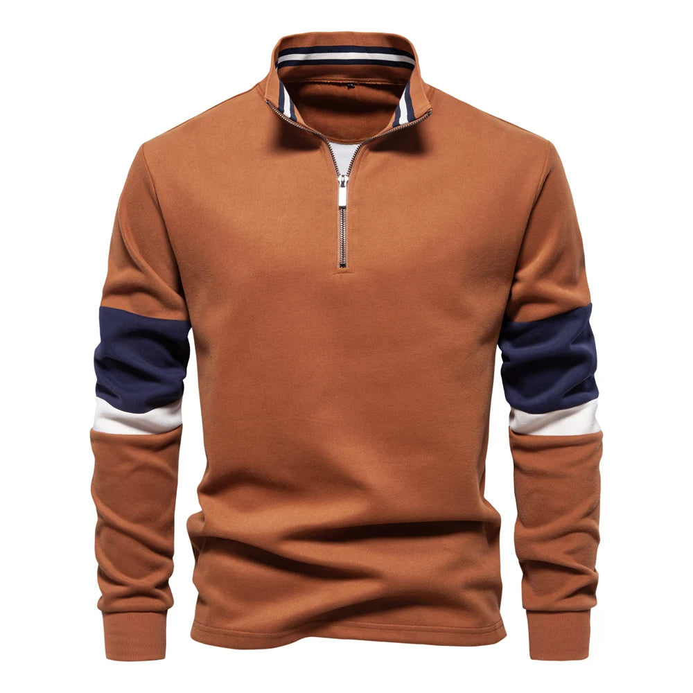 AIOPESON Mens Mock Neck Quarter Zip Sweatshirts Patchwork  Fashion Pullover Cotton-blend Sweatshirt for Men