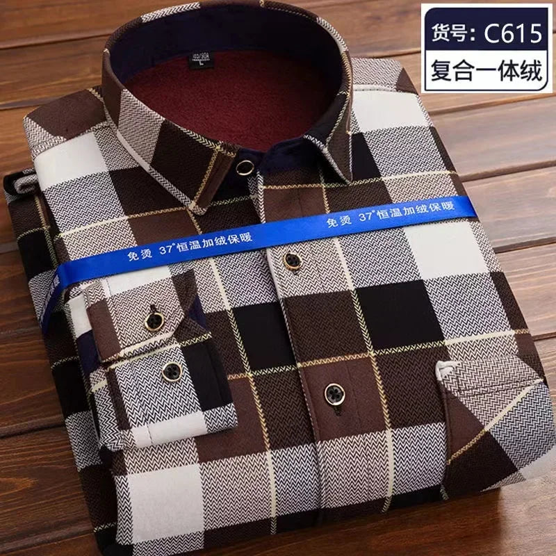 Autumn Winter Thicken Fleece Shirt Men Business Plaid Shirt Long Sleeve Warm Clothes Turn Down Collar Button Up Warm Shirts Male