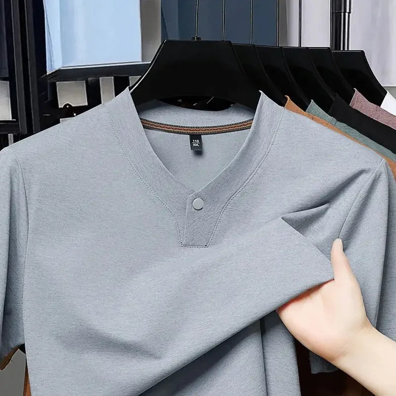 Men's T-shirt Classic V-Neck Short Sleeved Cotton Solid Button Super Soft High Quality L-4XL Casual Tshirt Design Men Tee Shirts