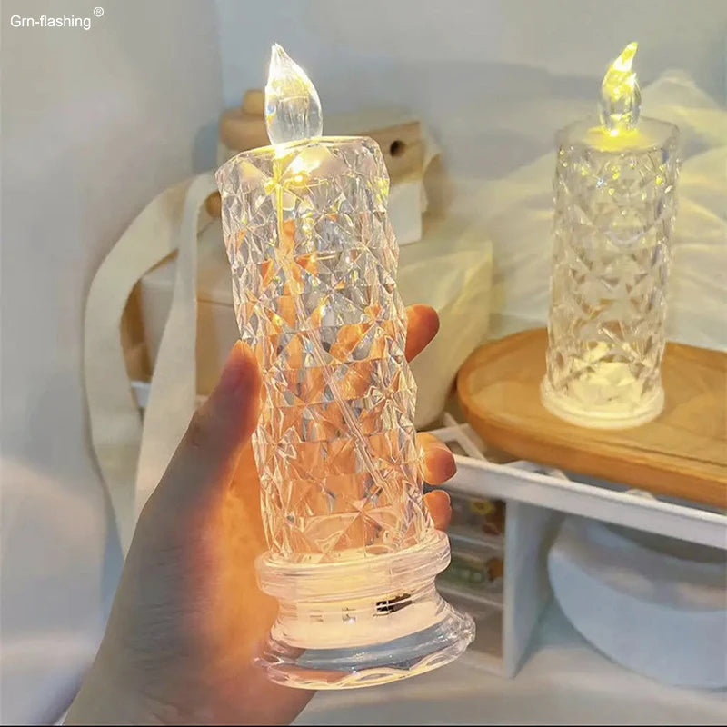 LR44 Battery Electronic Candle Crystal Rose Projection Ambient Light Decor Bar Club Holiday Wedding LED Bedroom Table Lamp