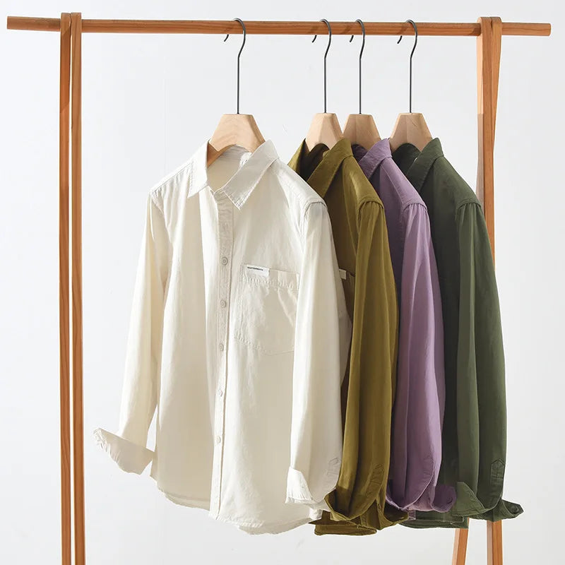 Men's Pure Cotton Shirt Solid Casual Heavyweight Button Down Collar Shirts Long Sleeve Dress Shirts With Pocket