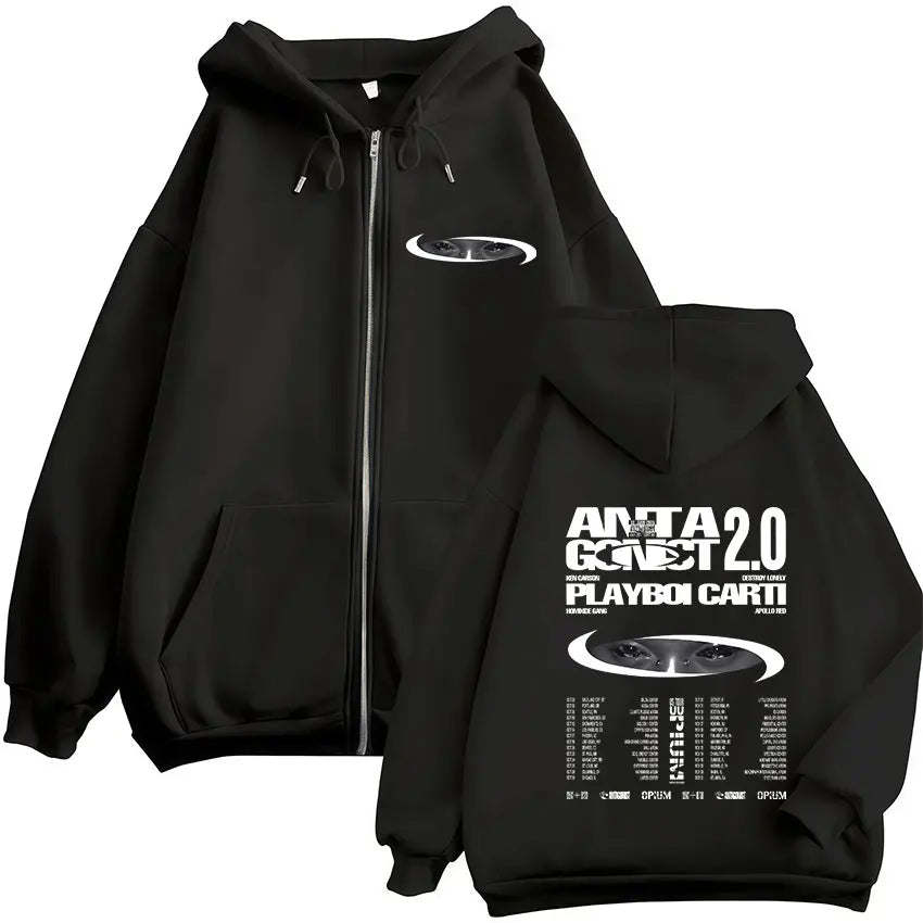 Rapper Playboi Carti Antagonist 2.0 Tour 2025 Fans Zip Up Hoody Men Women Hip Hop Retro Long Sleeve Sweatshirt Coats Streetwear