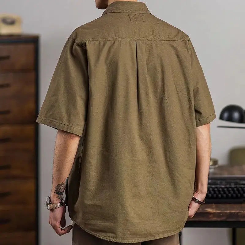 American Retro Workwear Shirt Khaki Short Sleeve Multi Pocket Summer Trendy Brand Men's Fashion Casual Shirt Youth Style