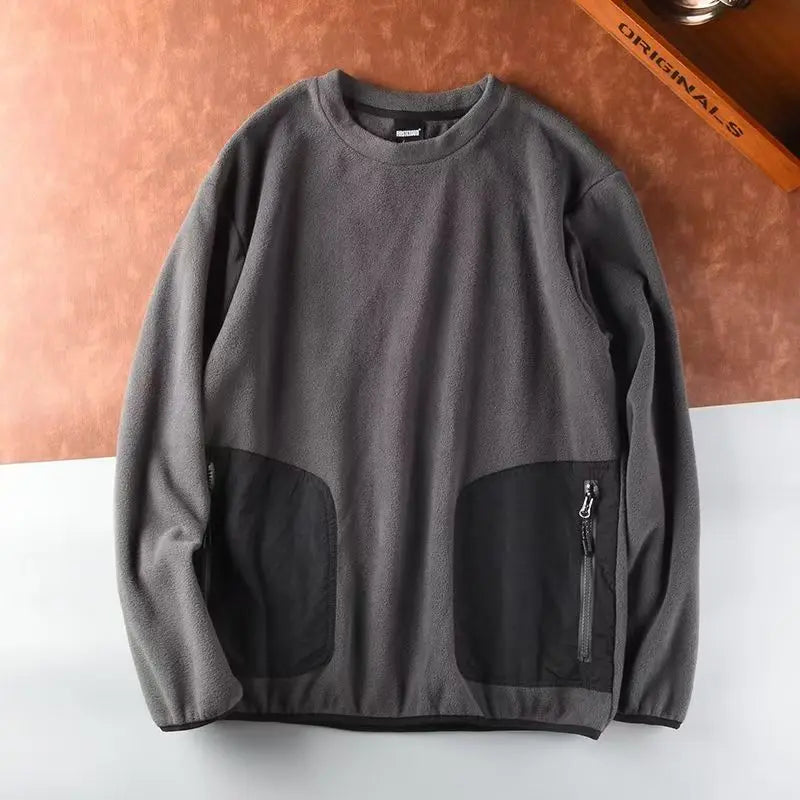 Autumn Winter Men's Polar Fleece Outdoor Warm Breathable Tactical Zipper Round Neck Long Sleeve Casual Splicing Color Sweatshirt
