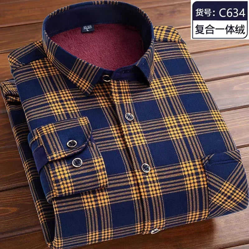 Autumn Winter Thicken Fleece Shirt Men Business Plaid Shirt Long Sleeve Warm Clothes Turn Down Collar Button Up Warm Shirts Male