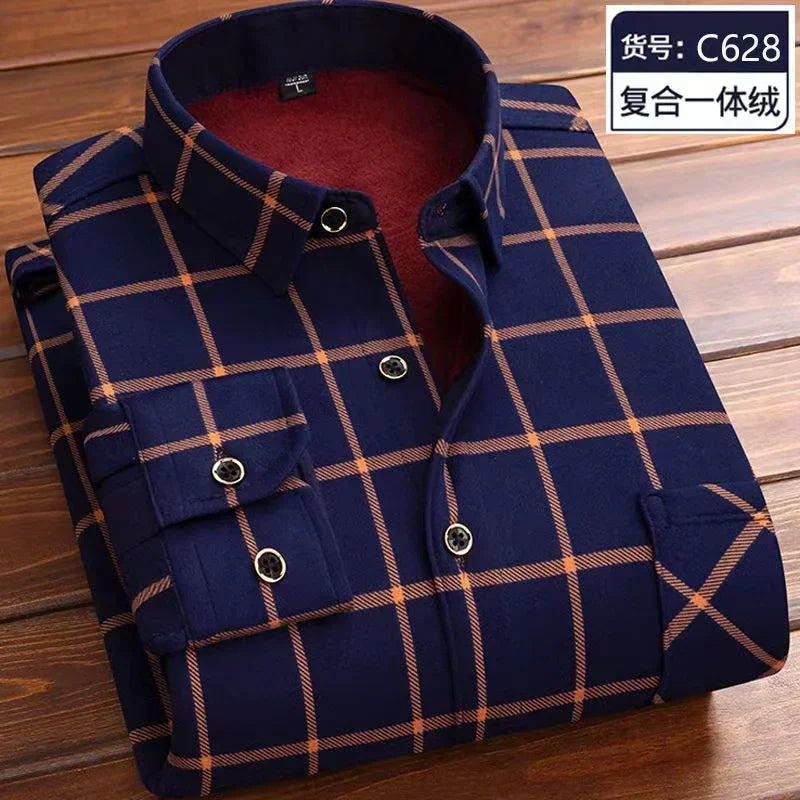 Autumn Winter Thicken Fleece Shirt Men Business Plaid Shirt Long Sleeve Warm Clothes Turn Down Collar Button Up Warm Shirts Male