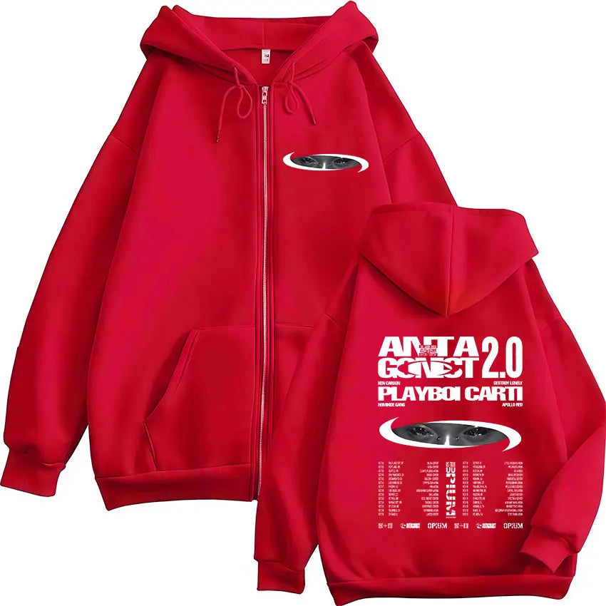 Rapper Playboi Carti Antagonist 2.0 Tour 2025 Fans Zip Up Hoody Men Women Hip Hop Retro Long Sleeve Sweatshirt Coats Streetwear