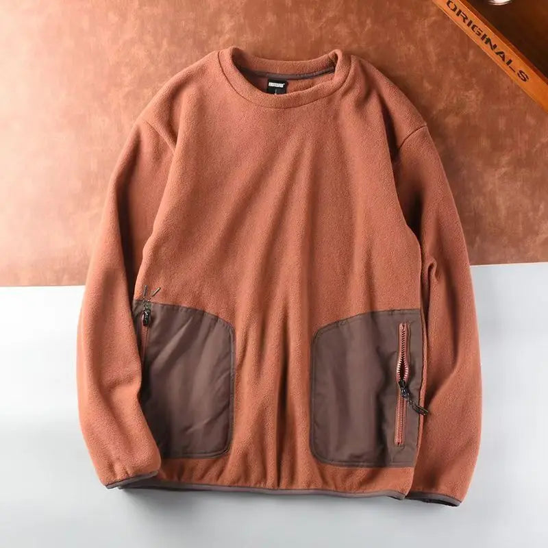 Autumn Winter Men's Polar Fleece Outdoor Warm Breathable Tactical Zipper Round Neck Long Sleeve Casual Splicing Color Sweatshirt
