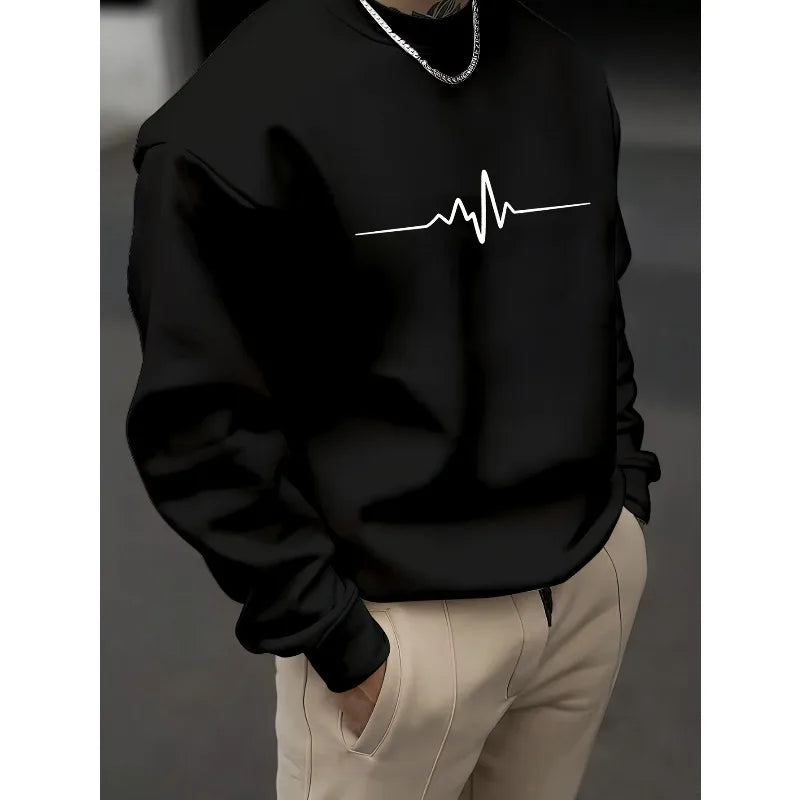 Men's autumn and winter fashionable casual loose electrocardiogram heartbeat pattern printed pullover with long sleeves