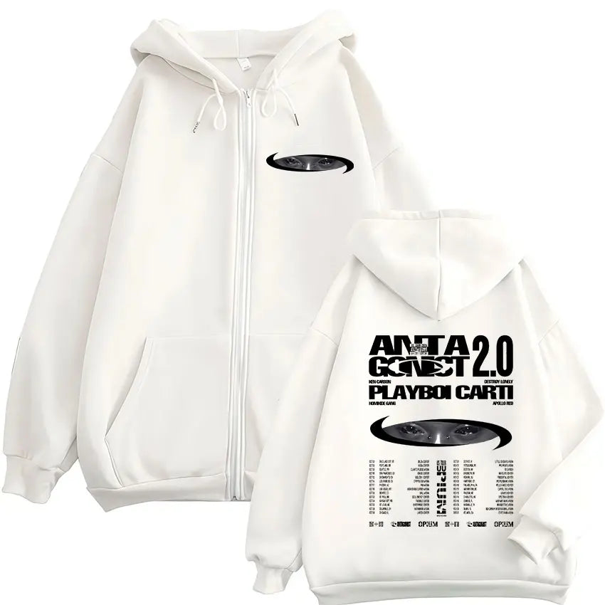 Rapper Playboi Carti Antagonist 2.0 Tour 2025 Fans Zip Up Hoody Men Women Hip Hop Retro Long Sleeve Sweatshirt Coats Streetwear