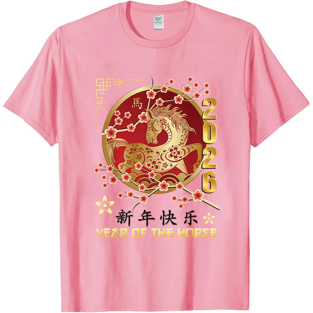 New Year 2026 Year of The Horse T-Shirt  Short-sleeve O-neck Streetwear Classic Pattern High Quality Cotton Tees Men Clothing