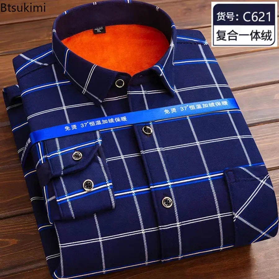 Autumn Winter Thicken Fleece Shirt Men Business Plaid Shirt Long Sleeve Warm Clothes Turn Down Collar Button Up Warm Shirts Male