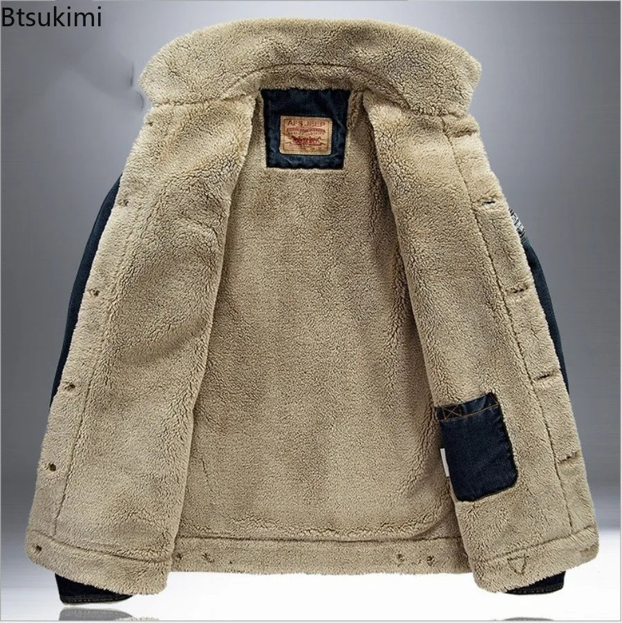 New Autumn Winter Men's Denim Jackets Thicken Fleece-Lined Lapel Warm Cotton-padded Coats Loose Casual Jean Jacket Plus Size 7XL