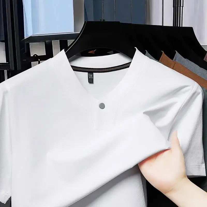 Men's T-shirt Classic V-Neck Short Sleeved Cotton Solid Button Super Soft High Quality L-4XL Casual Tshirt Design Men Tee Shirts