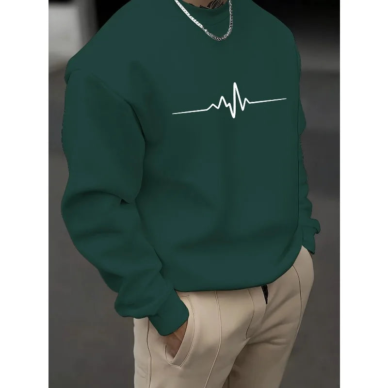 Men's autumn and winter fashionable casual loose electrocardiogram heartbeat pattern printed pullover with long sleeves