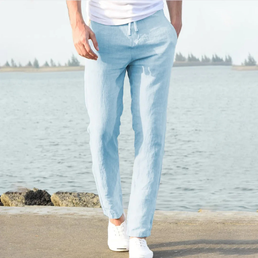 Summer Men's Cotton Linen Long Pants Solid Color Breathable Linen Trousers Male Casual Elastic Waist Casual Pants Harajuku Trous