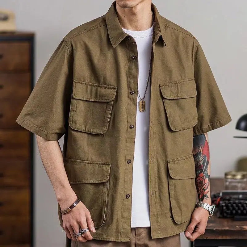 American Retro Workwear Shirt Khaki Short Sleeve Multi Pocket Summer Trendy Brand Men's Fashion Casual Shirt Youth Style