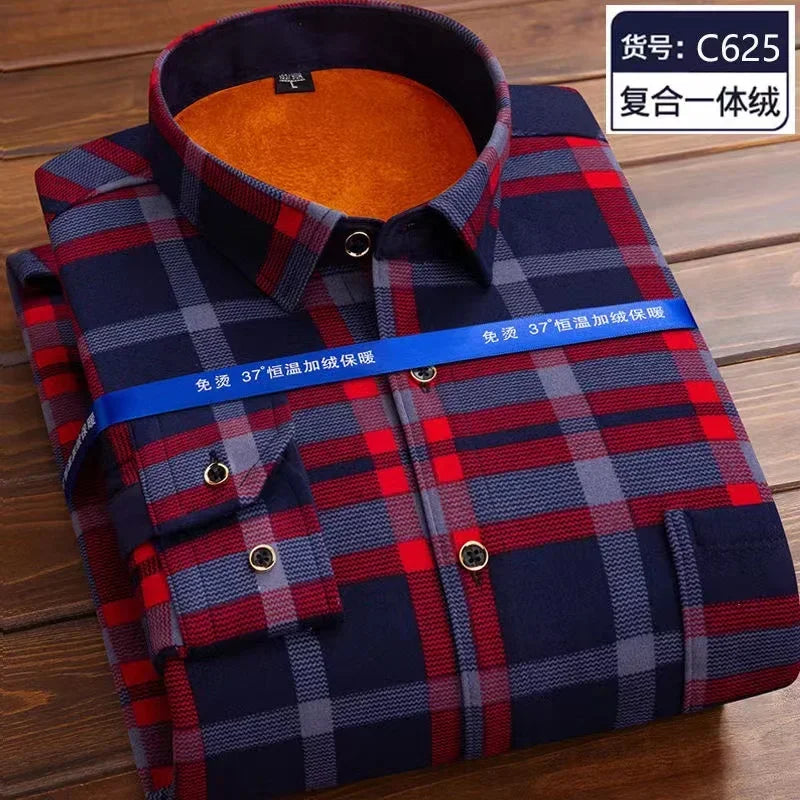 Autumn Winter Thicken Fleece Shirt Men Business Plaid Shirt Long Sleeve Warm Clothes Turn Down Collar Button Up Warm Shirts Male
