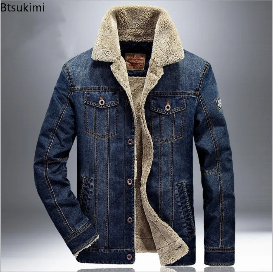 New Autumn Winter Men's Denim Jackets Thicken Fleece-Lined Lapel Warm Cotton-padded Coats Loose Casual Jean Jacket Plus Size 7XL
