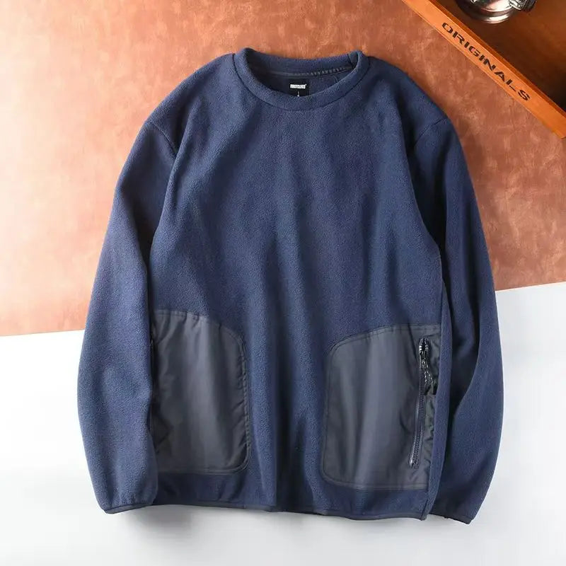 Autumn Winter Men's Polar Fleece Outdoor Warm Breathable Tactical Zipper Round Neck Long Sleeve Casual Splicing Color Sweatshirt