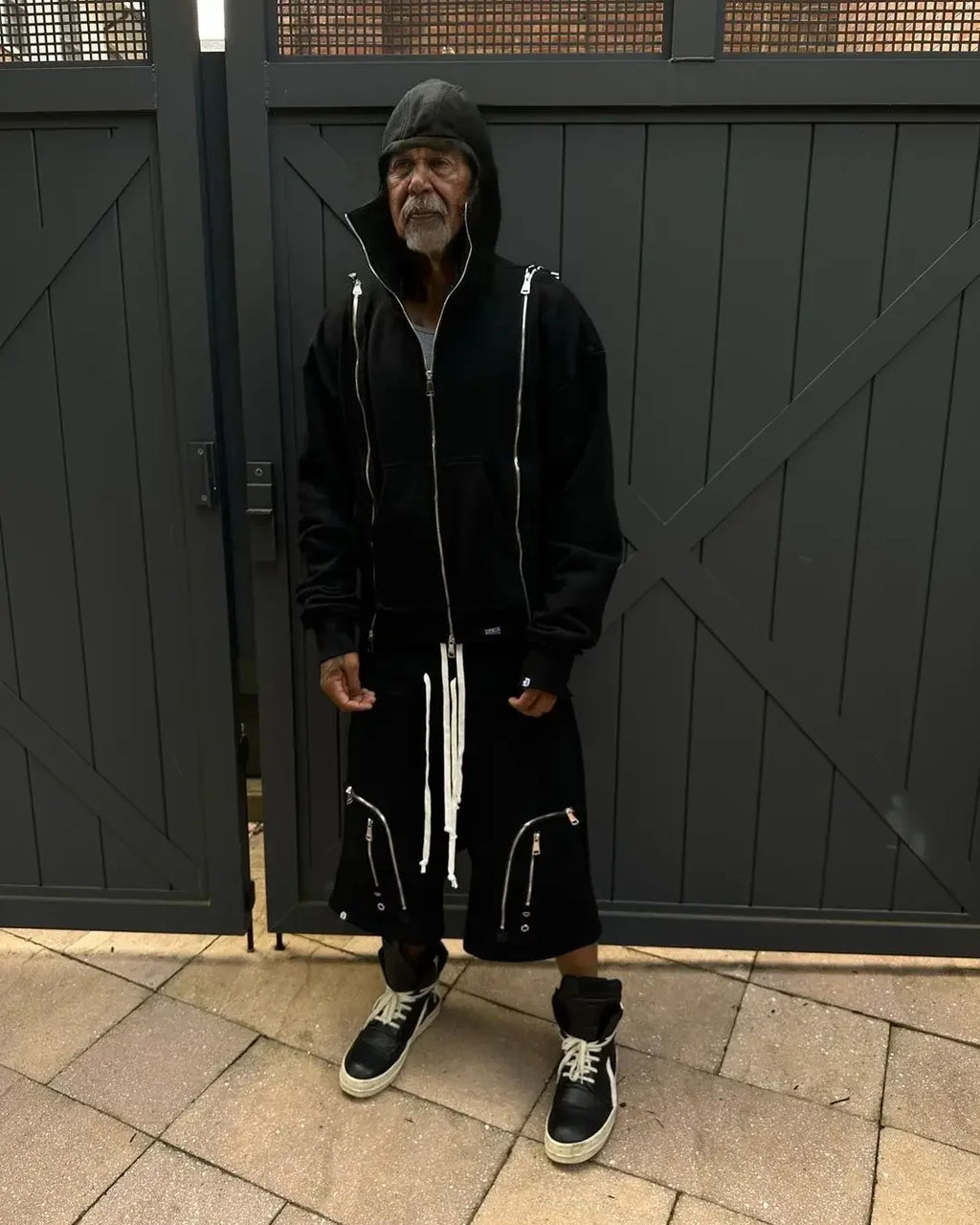 Black zippered double-sleeved shorts suit hooded sweatshirt sports suit American high street casual patchwork jacket hot sale