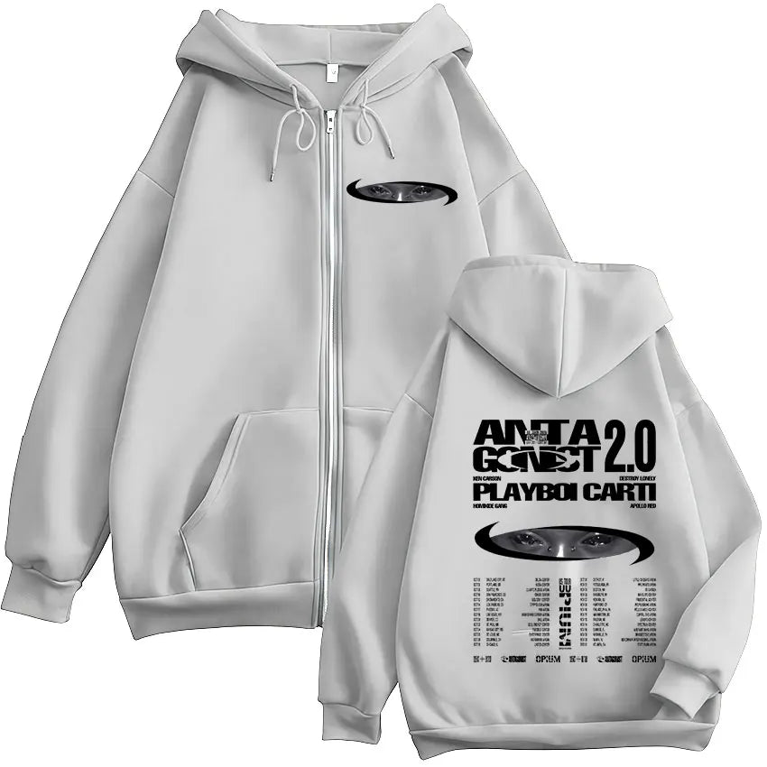 Rapper Playboi Carti Antagonist 2.0 Tour 2025 Fans Zip Up Hoody Men Women Hip Hop Retro Long Sleeve Sweatshirt Coats Streetwear