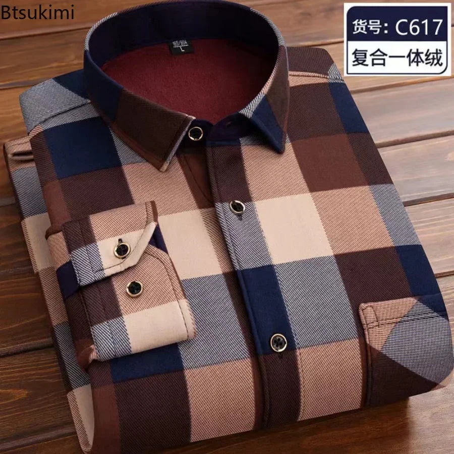 Autumn Winter Thicken Fleece Shirt Men Business Plaid Shirt Long Sleeve Warm Clothes Turn Down Collar Button Up Warm Shirts Male