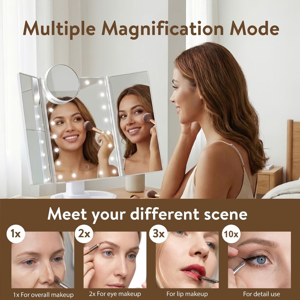 AuraGlow LED Vanity Mirror – Tri-Fold Touch Makeup Mirror