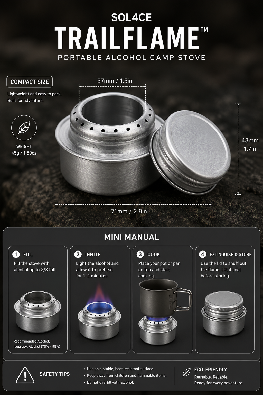 SOL4CE TrailFlame™ Portable Alcohol Camp Stove